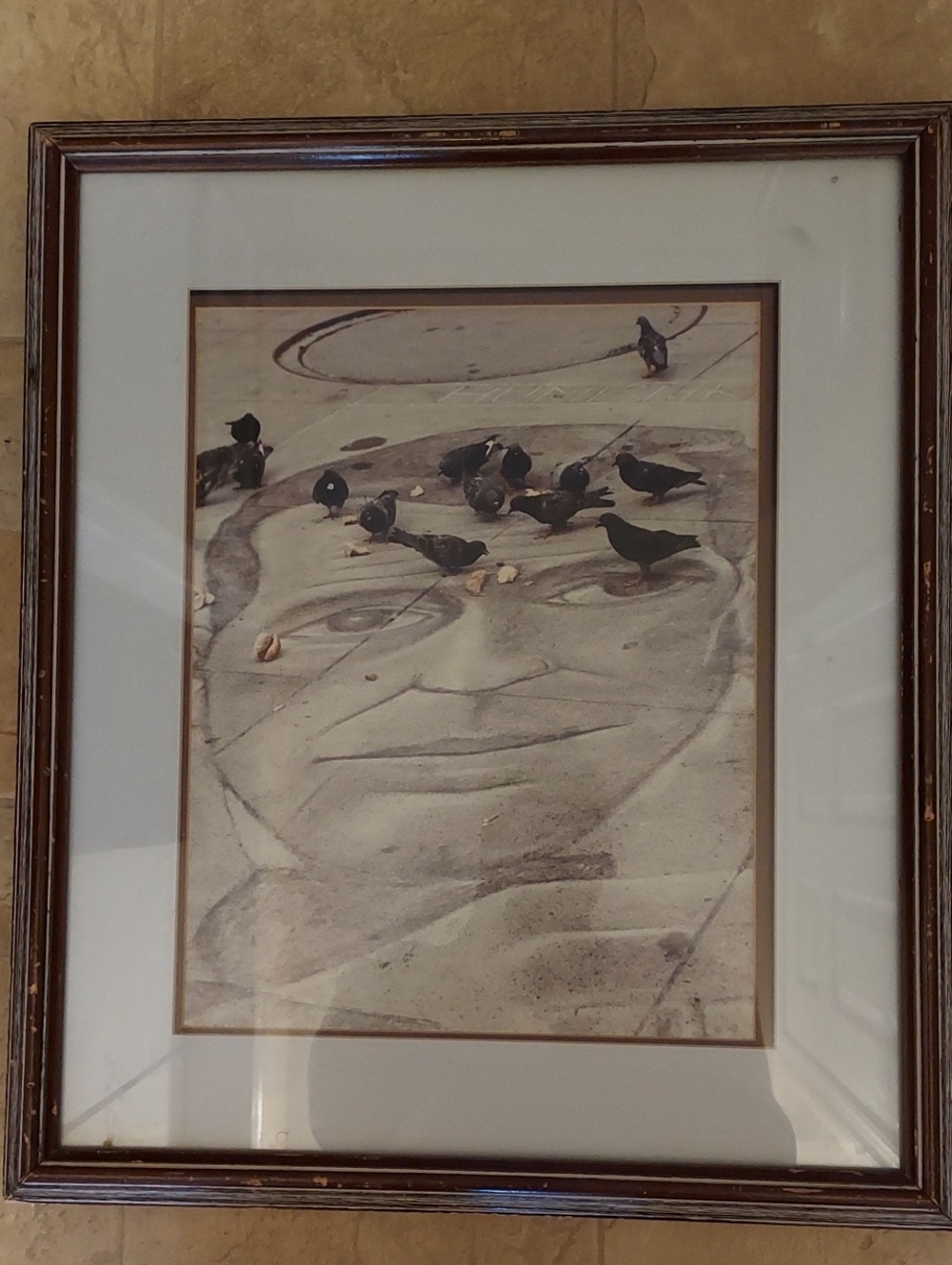 Framed Neutral Tone Street Art Print with Pigeons - Unbranded